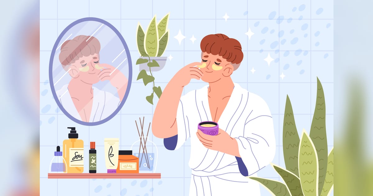 Ilustração de rotina de skincare com pessoa aplicando produto no rosto e frascos de cuidado facial ao lado.