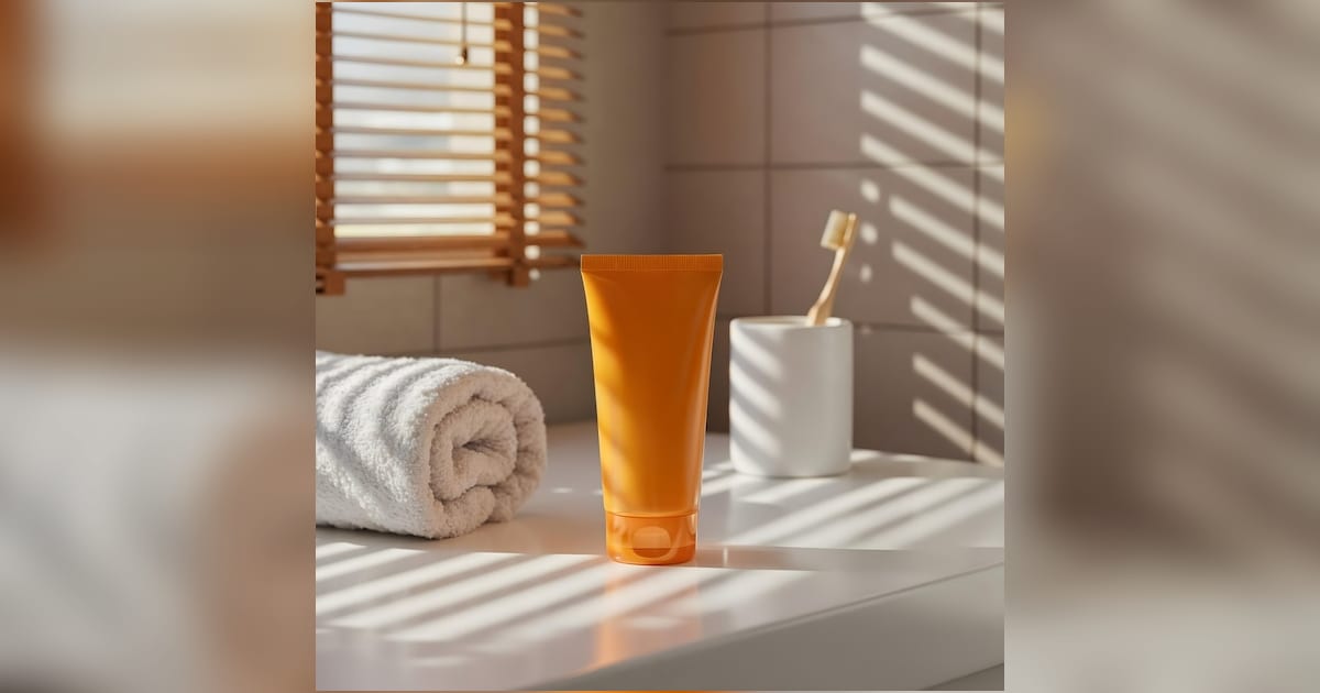 Essenciais de skincare organizados em banheiro claro sem pessoas na cena.