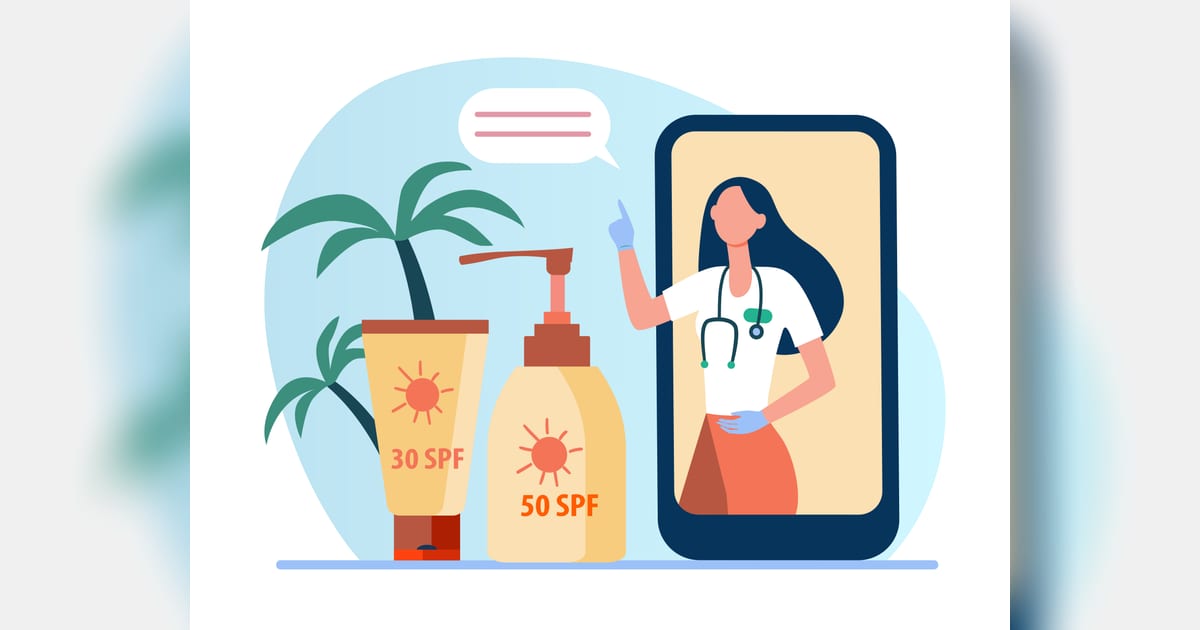 Médico online recomendando protetor solar. Tela do telefone, frasco de protetor solar, tubo de loção ilustração plana.
